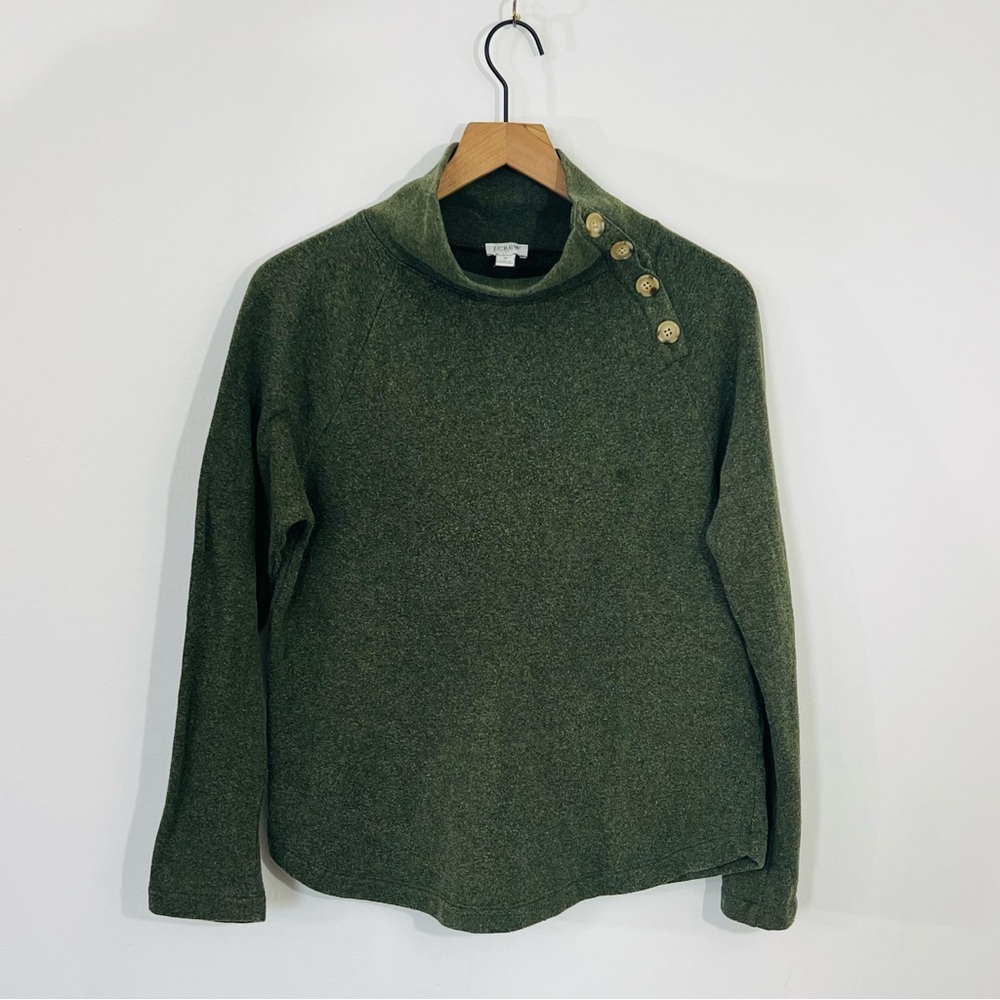 J.Crew Cowl Neck Dark Sage Mossy Pullover Sweatshirt Asymmetrical Button Detail